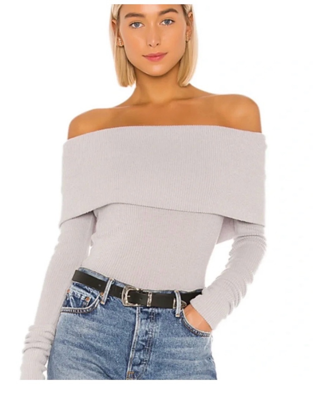 We The Free Ribbed Off-the-Shoulder Sweater in Light Gray